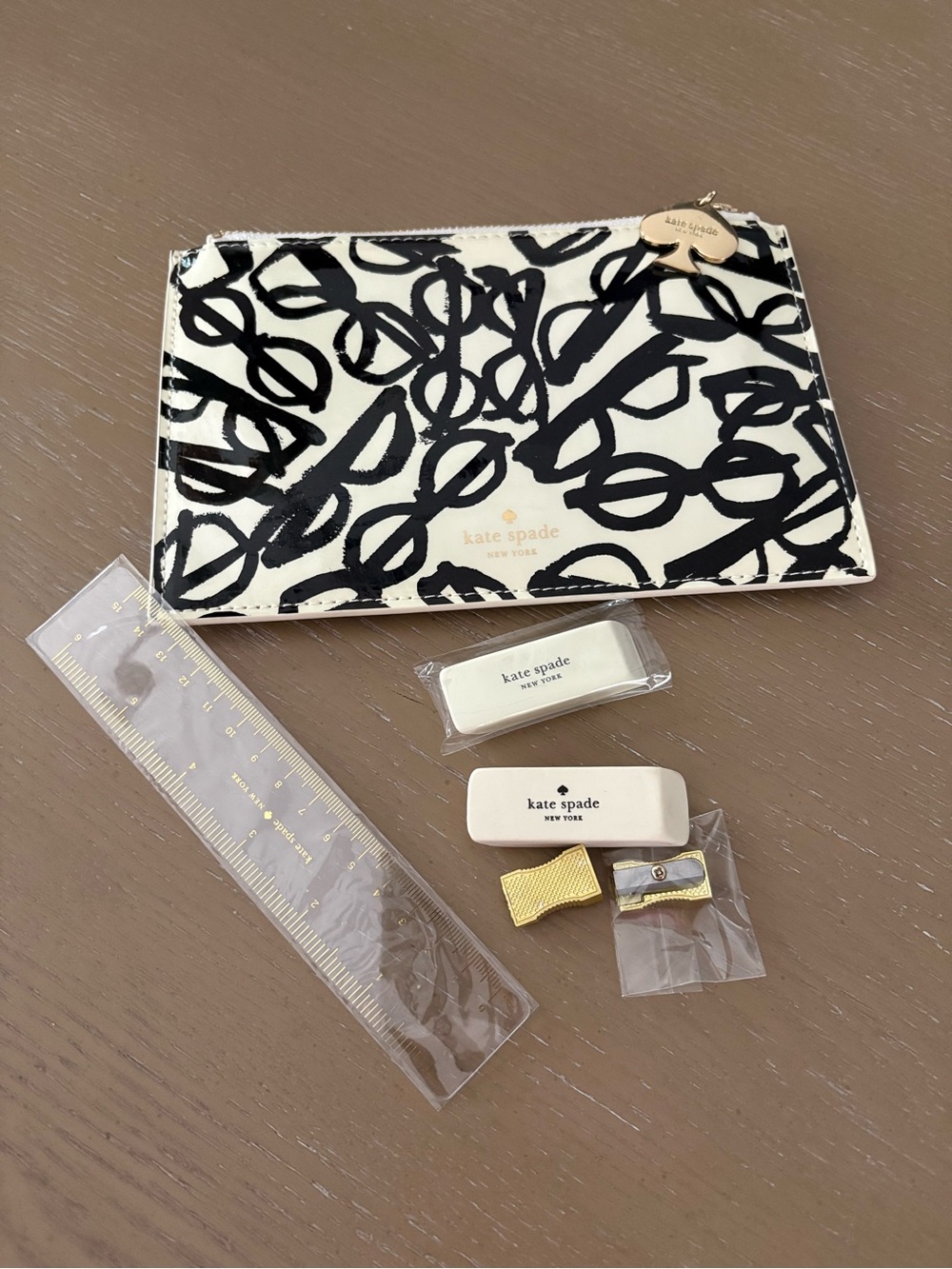 kate spade Black & White Scribble Zip Pouch with Gold Charm